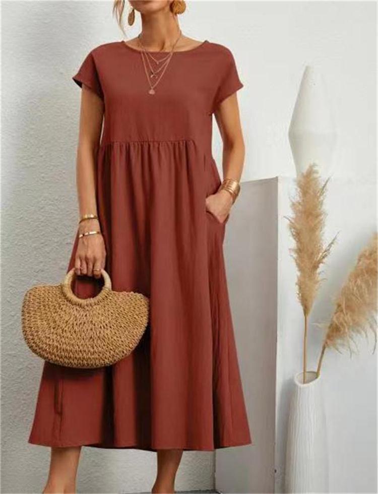 Solid Color Sleeveless Loose Pockets Cotton And Linen Dress