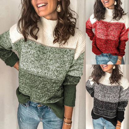 Chic Lune™ Sophie | Pull Femme en Maille Contraste à Col Montant avec Panneaux Rayés