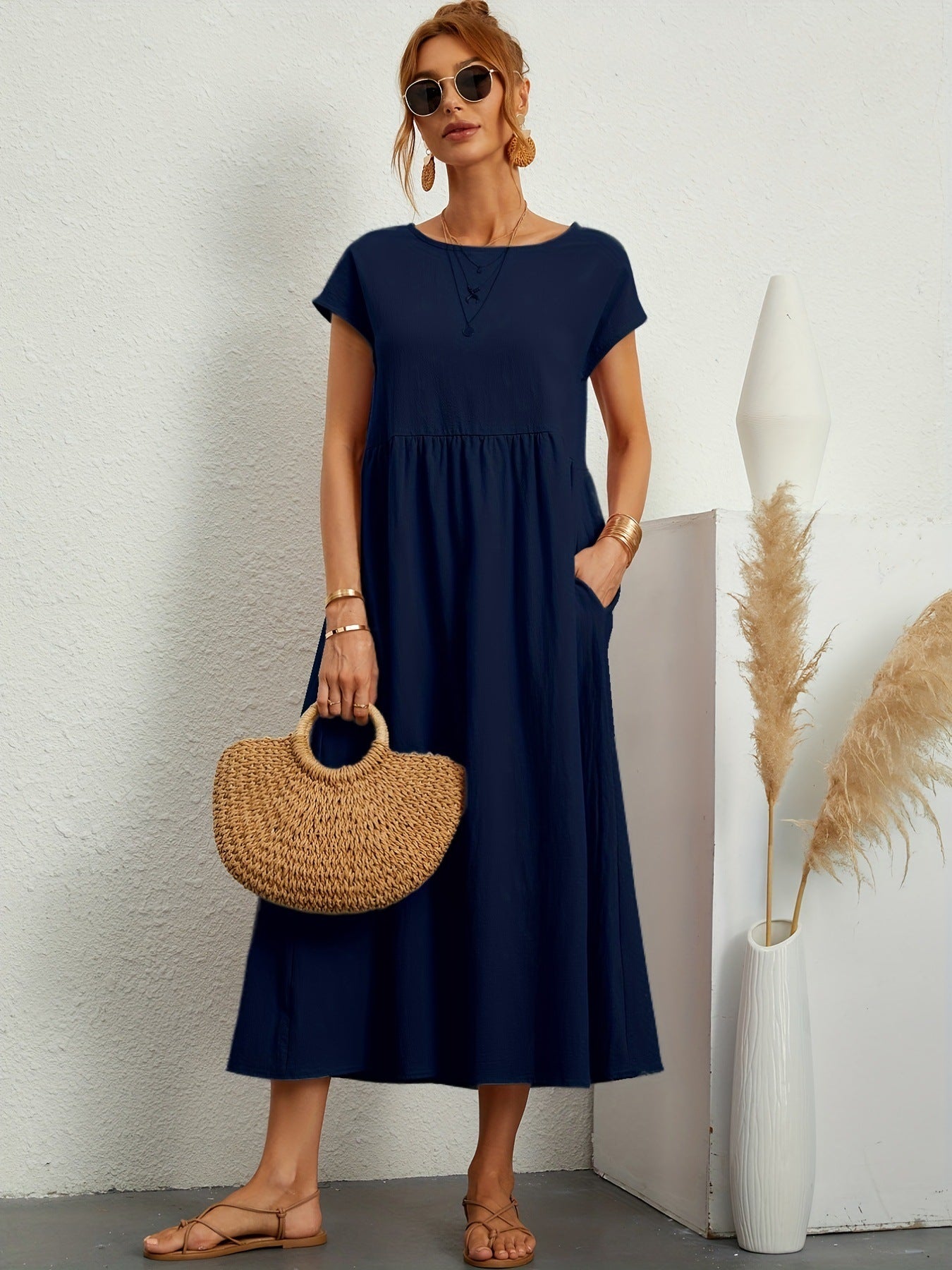 Solid Color Sleeveless Loose Pockets Cotton And Linen Dress