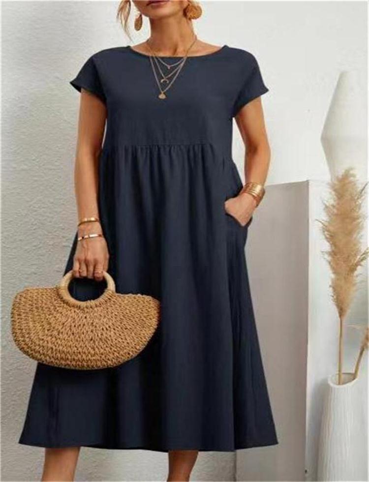 Solid Color Sleeveless Loose Pockets Cotton And Linen Dress