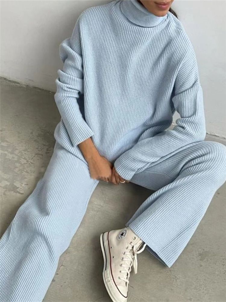 2 Pieces Women Sets Knitted Tracksuit Turtleneck Sweater