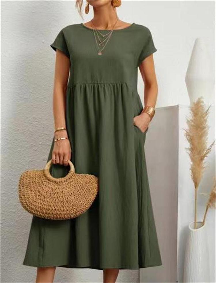 Solid Color Sleeveless Loose Pockets Cotton And Linen Dress