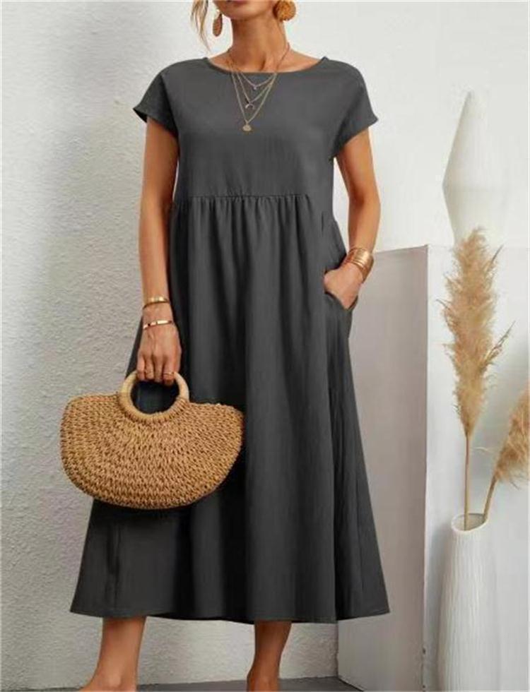 Solid Color Sleeveless Loose Pockets Cotton And Linen Dress