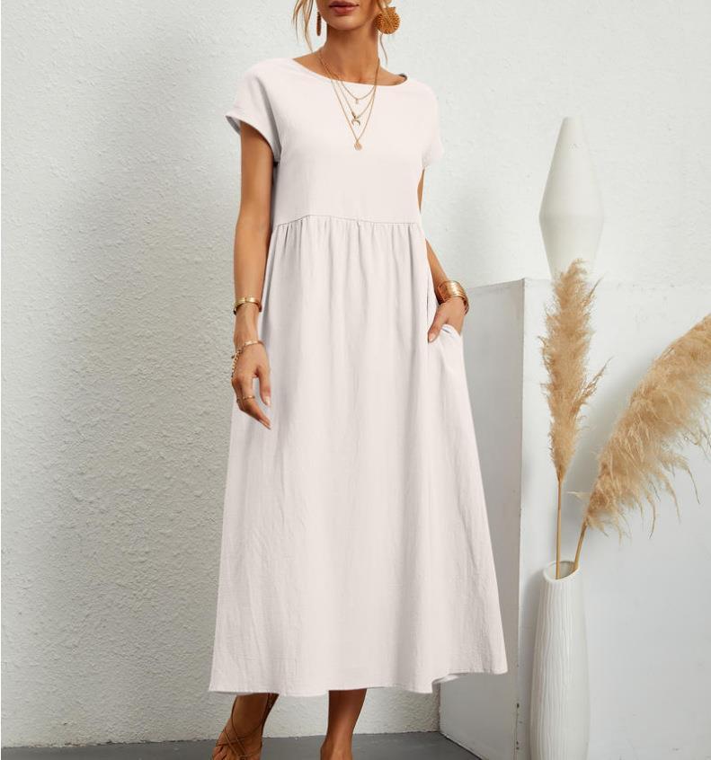 Solid Color Sleeveless Loose Pockets Cotton And Linen Dress