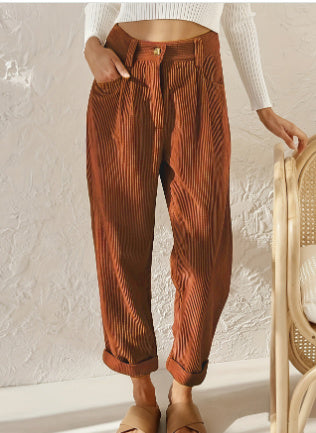 New Women's High Waist Pure Color Corduroy Casual Pants