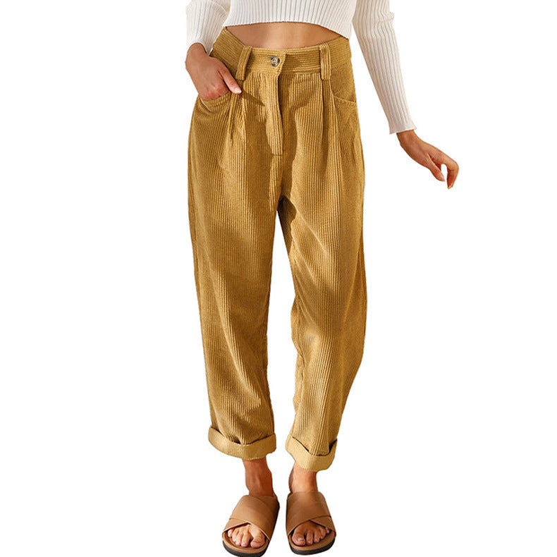 New Women's High Waist Pure Color Corduroy Casual Pants